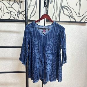 Johnny Was blue embroidered Aline boho top size XS small flowy cupra rayon
